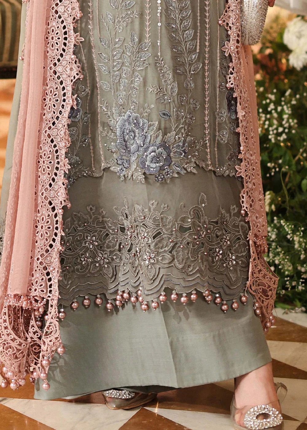 Maria.B gray pink pakistani fashion outfit in pink, grey tones.